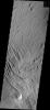 This image from NASA's Mars Odyssey shows poorly cemented material of a hill located on the southern edge of a mensa east of Apollinaris Patera is being eroded by wind action.