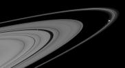 This mosaic of two images from NASA's Cassini spacecraft, taken on Aug. 15, 2008, shows Pan and Prometheus creating features in nearby rings.