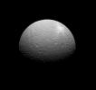 NASA's Cassini spacecraft obtained this view of a bright ray crater on the southern portions of Rhea's leading hemisphere.