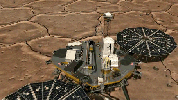 This artist's image of an imaginary camera zooming in from above shows the location of the Robotic Arm Camera on NASA's Phoenix Mars Lander as it acquires an image of the scoop at the end of the arm.
