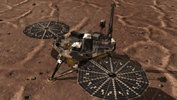 NASA's Phoenix Mars Lander reaching with its Robotic Arm and taking a picture of the surface underneath the lander. The light feature in the middle of the image below the leg is informally called 'Holy Cow.' 