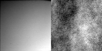These two images were taken by the Surface Stereo Imager (SSI) on NASA's Phoenix Mars Lander when it was pointed almost straight up, toward the southwest. Zenith is near the top of the center frame.