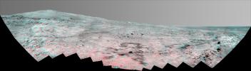 This stereo, 180-degree panorama shows the southward vista from the location where Spirit is spending its third Martian winter inside Mars' Gusev Crater on July 2, 2008. 3D glasses are necessary to view this image.