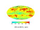 This image, created with data acquired by the Atmospheric Infrared Sounder instrument during July 2008, shows large scale patterns of carbon dioxide concentrations that are transported around the Earth by the general circulation of the atmosphere.