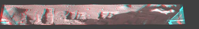 This image is a stereo, panoramic view of various trenches dug by NASA's Phoenix Mars Lander on Oct. 7, 2008. 3D glasses are necessary to view this image.