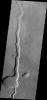 This image from NASA's Mars Odyssey shows a lava channel on Mars located in the Tharsis Volcanic region, east of Alba Patera and north of Mareotis Fossae.