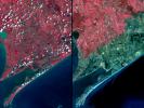 Three weeks after Hurricane Ike came ashore near Galveston, TX, residents returned to find their houses in ruins. Images were acquired by NASA's Terra satellite on September 28, right, and August 15, 2006, left.