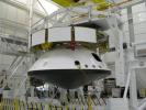 The major components of NASA's Mars Science Laboratory spacecraft -- cruise stage atop the aeroshell, which has the descent stage and rover inside -- were connected together in October 2008 for several weeks of system testing.