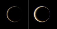 From the dark side of Titan, NASA's Cassini spacecraft profiles the moon's atmosphere as sunlight filters through its upper hazes. Images taken using red, green and blue spectral filters were combined to create this full color view of Titan at high phase.