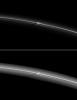 As Saturn approaches its August 2009 equinox, a shadow is cast by a narrow, vertically extended feature in the F ring as seen by NASA's Cassini spacecraft.