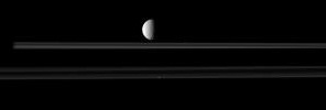 The moon Tethys is upstaged by two smaller moons, Pandora and Prometheus, in this image from NASA's Cassini spacecraft. Go to the Photojournal to view the animation.