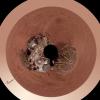 This view is a polar projection that combines more than 500 exposures taken by the Surface Stereo Imager camera on NASA's Mars Phoenix Lander and projects them as if looking down from above.