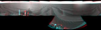 NASA's Mars Exploration Rover Opportunity combined images into this stereo, 360-degree view of the rover's surroundings on Oct. 22, 2008. Opportunity's position was about 300 meters southwest of Victoria. 3D glasses are necessary to view this image.