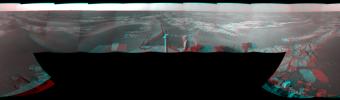 This mosaic of images from NASA's Mars Exploration Rover Opportunity shows surroundings of the rover's location following a 104 meters (341 feet) drive on Jan. 15, 2009. 3D glasses are necessary.