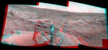 NASA's Mars Exploration Rover Spirit used its navigation camera to take the images assembled into this stereo, 120-degree view southward after a short drive on February 3, 2009. 3D glasses are necessary to view this image.