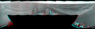 NASA's Mars Exploration Rover Opportunity used its navigation camera to take the images combined into this stereo 180-degree view on March 7-9, 2009. 3D glasses are necessary to view this image.