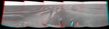 NASA's Mars Exploration Rover Opportunity used its navigation camera to take the images combined into this stereo 180-degree view on Feb. 13, 2009. 3D glasses are necessary to view this image.