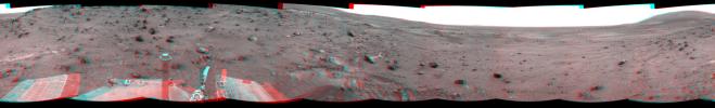 NASA's Mars Exploration Rover Spirit used its navigation camera to take the images that have been combined into this stereo, full-circle view of the rover's surroundings on March 10, 2009. 3D glasses are necessary to view this image.