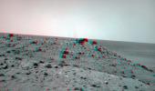 The navigation camera on NASA's Spirit caught this stereo view of a dust devil during the on May 21, 2009. The view is to the west from Spirit's position at the 'Troy' location where Spirit had become embedded a few weeks earlier. 3D glasses are needed.