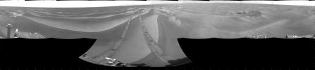 NASA's Opportunity had driven 62.5 meters (205 feet) that sol, southward away from an outcrop called 'Penrhyn,' which the rover had been examining for a few sols, and toward a crater called 'Adventure.' This is a cylindrical projection.