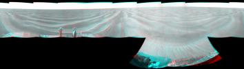 NASA's Opportunity had driven 72.3 meters southward (237 feet) on June 10. Engineers drove the rover backward as a strategy to counteract an increase in the amount of current drawn by the drive motor of the right-front wheel. 3D glasses are necessary.