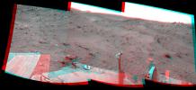 This stereo scene combines frames taken by the navigation camera on NASA's Mars Exploration Rover Spirit during the 1,869th Martian day, or sol, of Spirit's mission on Mars (April 6, 2009). You will need 3-D glasses to view this image.