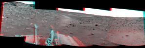 This stereo scene combines frames taken by the navigation camera on NASA's Mars Exploration Rover Spirit during the 1,871st Martian day, or sol, of Spirit's mission on Mars (April 8, 2009). You will need 3-D glasses to view this image.