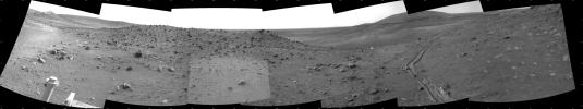 This scene combines seven frames taken by the navigation camera on NASA's Mars Exploration Rover Spirit during the 1,891st Martian day, or sol, of Spirit's mission on Mars (April 28, 2009).