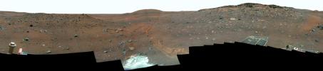 This full-circle, false color view from the panoramic camera (Pancam) on NASA's Mars Exploration Rover Spirit shows the terrain surrounding the location called 'Troy,' where Spirit became embedded in soft soil during the spring of 2009.