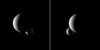 The moon Enceladus passes behind the larger moon Tethys, as seen in this pair of images taken by NASA's Cassini spacecraft. The image on the left was taken a little more than a minute before the image on the right.