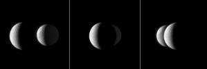 From NASA's Cassini spacecraft's perspective, Saturn's moon Dione passes in front of the moon Tethys in this mutual event.