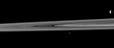 Saturn's rings occupy the space between two of the planet's moons in this image, taken by NASA's Cassini spacecraft, which shows the highly reflective moon Enceladus in the background and the smaller moon Janus in the fore.