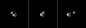 Saturn's moon Epimetheus passes in front of Janus in this 'mutual event' (one moon passing close to or in front of another) chronicled by NASA's Cassini spacecraft. These three images were each taken a little more than a minute apart.