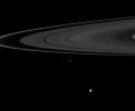 Six of Saturn's moons orbiting within and beyond the planet's rings are collected in this Cassini spacecraft image; they include Enceladus, Epimetheus, Atlas, Daphnis, Pan, and Janus.