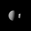 Rhea and Dione seem like dark and light fraternal twins in this image from NASA's Cassini spacecraft, with each of these two Saturnian moons displaying a large crater oriented similarly in the northern hemisphere.