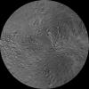 The northern hemisphere of Saturn's moon Rhea is seen in this polar stereographic map, mosaicked from the best-available images obtained by NASA's Cassini and Voyager spacecraft.