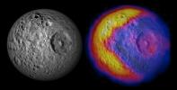 This image shows NASA's Cassini spacecraft's imaging science subsystem visible-light mosaic of Mimas from previous flybys on the left. The right-hand image shows new infrared temperature data mapped on top of the visible-light image.