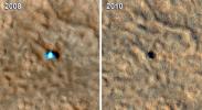 Two images of the Phoenix Mars lander as captured by NASA's Mars Reconnaissance Orbiter taken from Martian orbit in both 2008 and 2010.