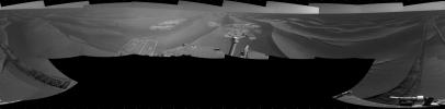 NASA's rover Opportunity used its navigation camera to take the images combined into this full 360-degree view of the rover's surroundings after a drive on the 2,220th Martian day, or sol, of Opportunity's mission on Mars (April 22, 2010).