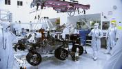 In this picture, the Curiosity rover sports a set of six new wheels. The wheels were installed on June 28 and 29 in the Spacecraft Assembly Facility at NASA's Jet Propulsion Laboratory, Pasadena, Calif.