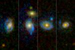 Astronomers have found unexpected rings and arcs of ultraviolet light around a selection of galaxies, four of which are shown here as viewed by NASA's and the European Space Agency's Hubble Space Telescope.