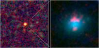 This image composite shows a warped and magnified view of a galaxy discovered by the Herschel Space Observatory, one of five such galaxies uncovered by the infrared telescope. The galaxy, referred to as 'SDP 81' is the yellow dot in the left image.