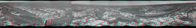 This mosaic of images from NASA's Mars Exploration Rover Opportunity shows surroundings of the rover's location following an 100.7-meter (330-foot) drive on Oct. 17, 2010. 3D glasses are necessary.