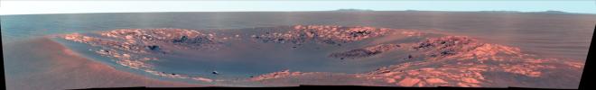 On Nov. 10, 2010, NASA's Mars Exploration Rover Opportunity took this false-color image showing 'Intrepid Crater on Mars.