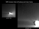 NASA's EPOXI mission spacecraft obtained these views of the icy particle cloud around comet Hartley 2. The image on the left is the full image of comet Hartley 2 for context, and the image on the right was enlarged and cropped.