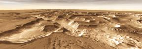 West of Valles Marineris lies a checkerboard named Noctis Labyrinthus, which formed when the Martian crust stretched and fractured. This image is from NASA's Mars Odyssey, one of an 'All Star' set.