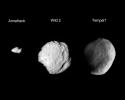 This composite image shows the three small worlds NASA's Stardust spacecraft encountered during its 12 year mission. Stardust performed a flyby of asteroid Annefrank in 2002, Comet Wild in 2004, and Tempel 1 in 2011.