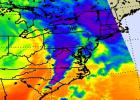 NASA's Aqua satellite captured an infrared image of the storms on April 16, 2011 showing very cold, high cloud tops of the strong thunderstorms that spawned tornadoes in North Carolina and Virginia.