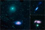 This montage combines observations from NASA's Spitzer Space Telescope and NASA's Galaxy Evolution Explorer (GALEX) spacecraft showing three examples of colliding galaxies from a new photo atlas of galactic 'train wrecks.'