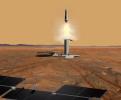 This artist's concept of a proposed Mars sample return mission portrays the launch of an ascent vehicle. The solar panels in the foreground are part of a rover.